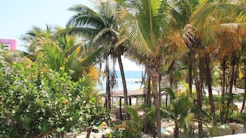 A beachside view with palm trees, a beach, and a building labeled "MIA".