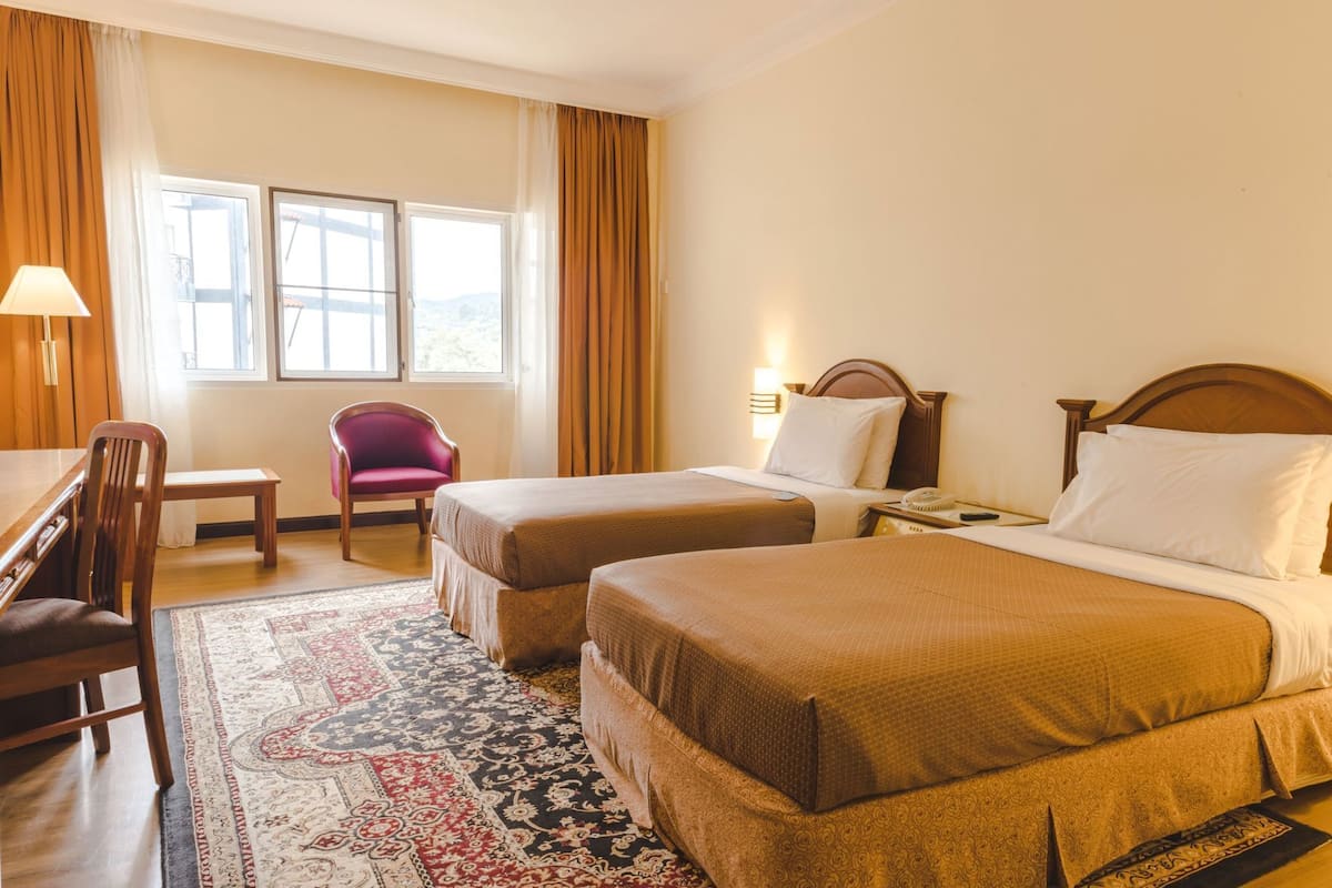 Habitación de hotel con dos camas, un escritorio, una silla, un ventanal con cortinas y una alfombra estampada.