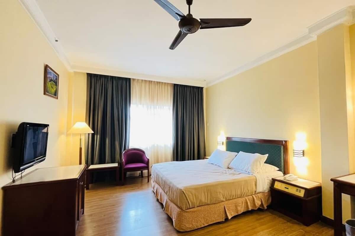 Una habitación de hotel con una cama, un escritorio, una silla, un televisor, un ventilador de techo y una mesita de noche con lámpara.