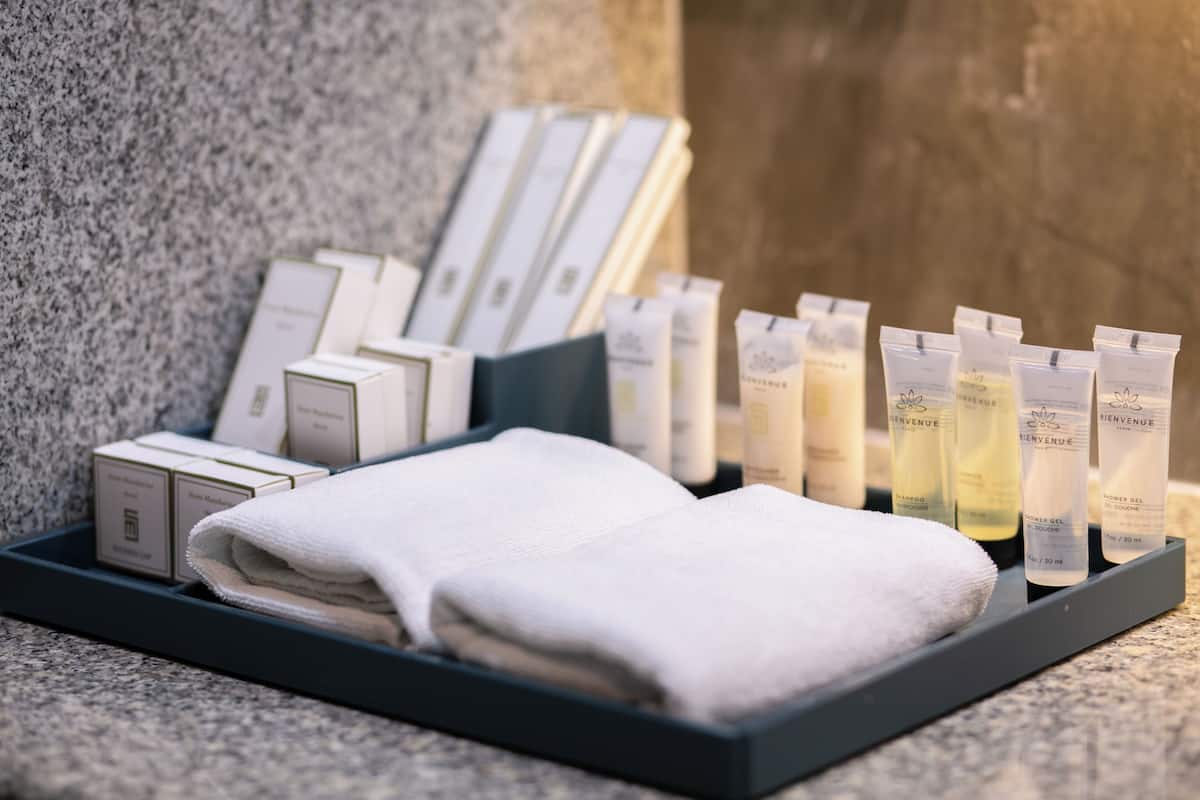 combined shower/bathtub, free toiletries, hair dryer, bathrobes