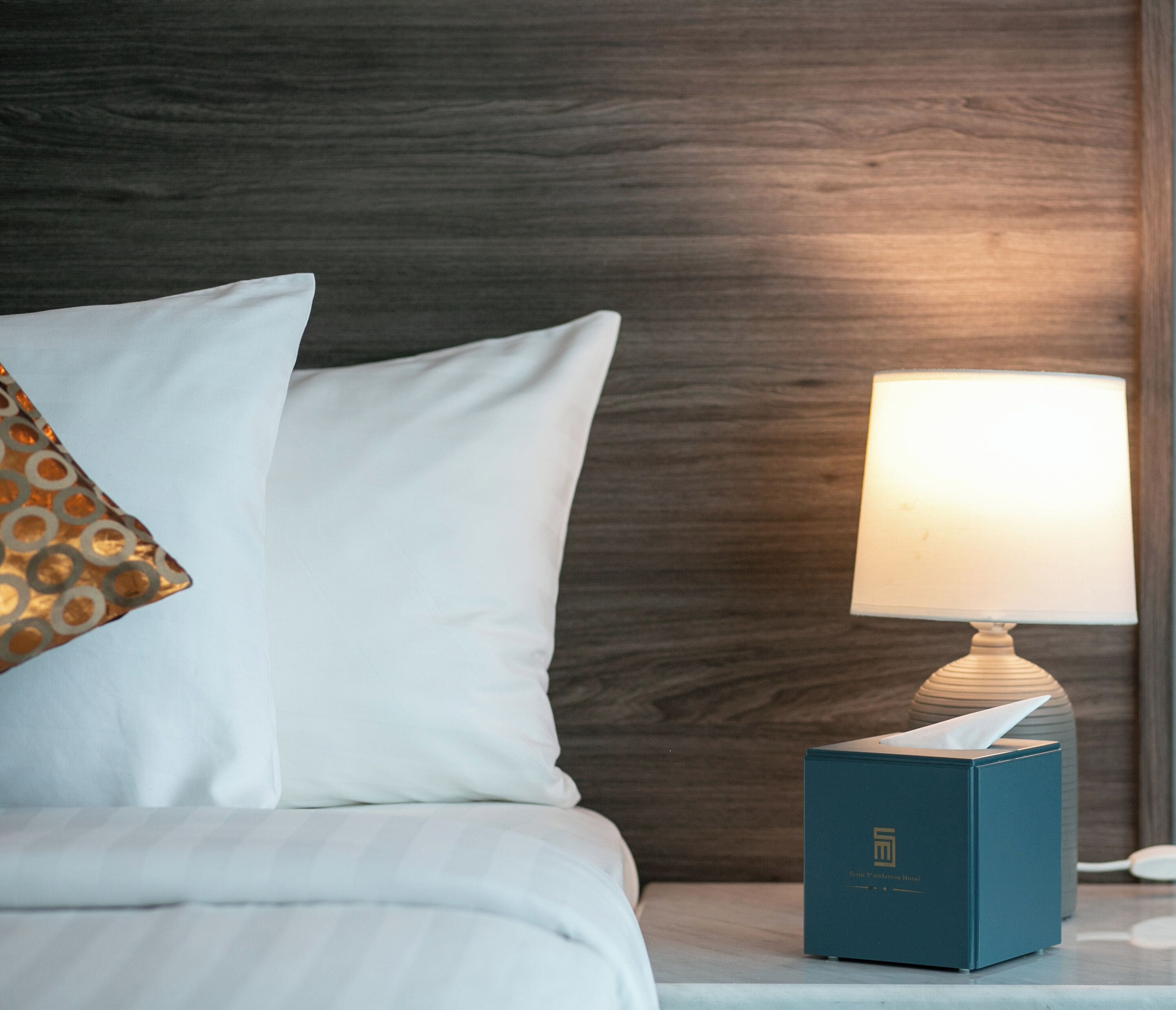 A neatly made bed with white linens and a patterned pillow, a bedside table with a lamp, and a blue box, likely a minibar, against a wooden headboard.
