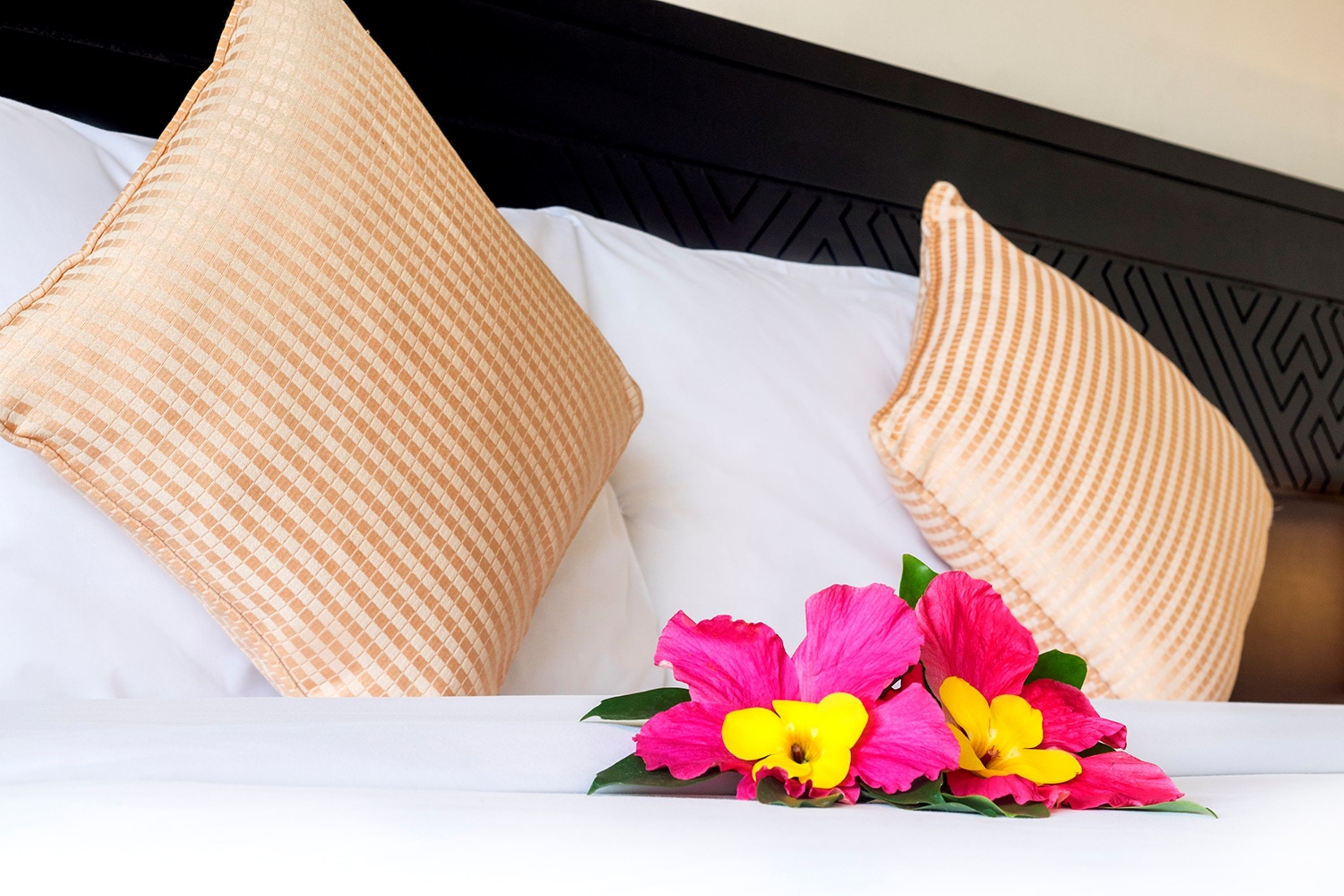 A bed with white sheets and two beige pillows.