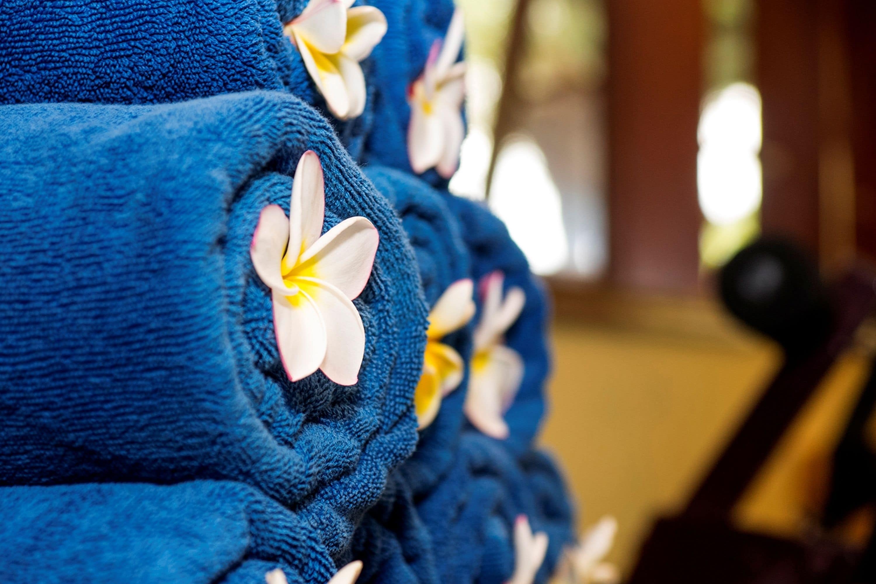 Primer plano de una toalla azul con una flor blanca y amarilla.