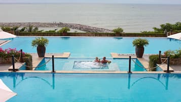 Outdoor pool, pool umbrellas, pool loungers