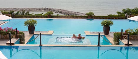Outdoor pool, pool umbrellas, sun loungers