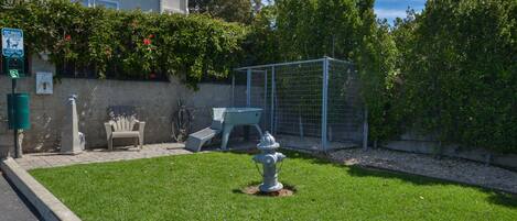 Een omheinde achtertuin met een hydrant, een uitlaatplaats voor huisdieren en een klein speelgedeelte.