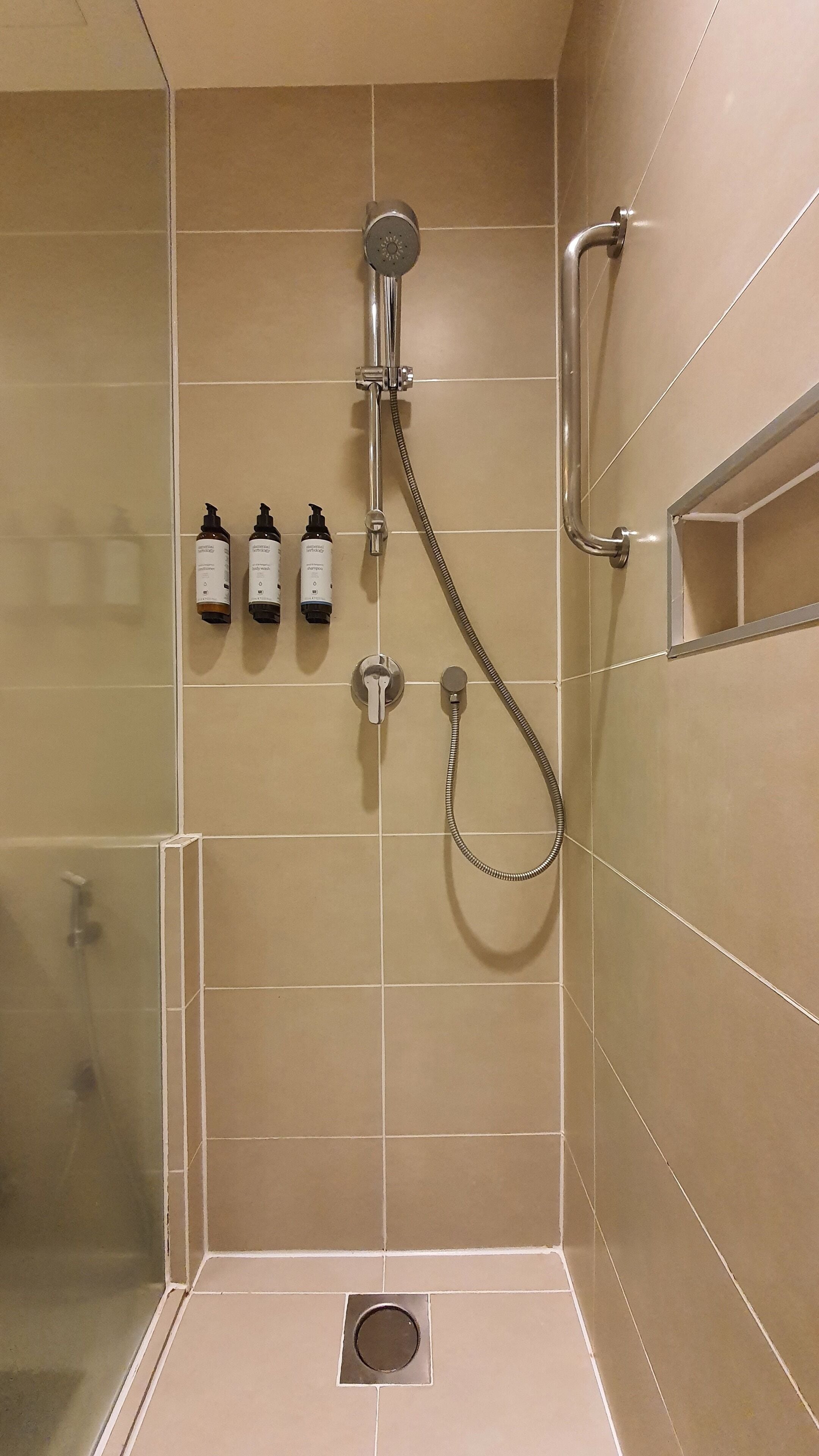 Ducha con cabezal de ducha manual y grifo empotrado. Hay tres botellas de champú y acondicionador en la pared.