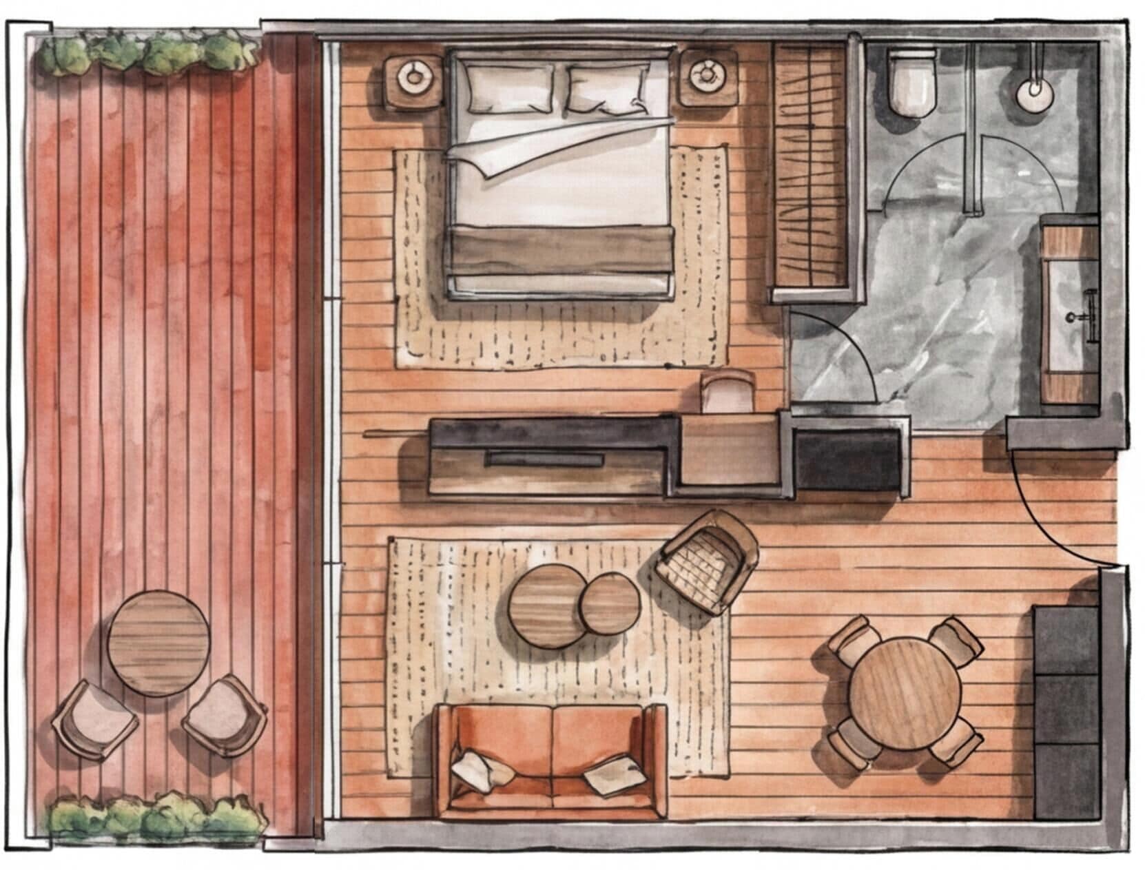Plano de un cuarto de hotel con una cama, una zona de estar con una mesa, un sofá, una mesita y una ventana.
