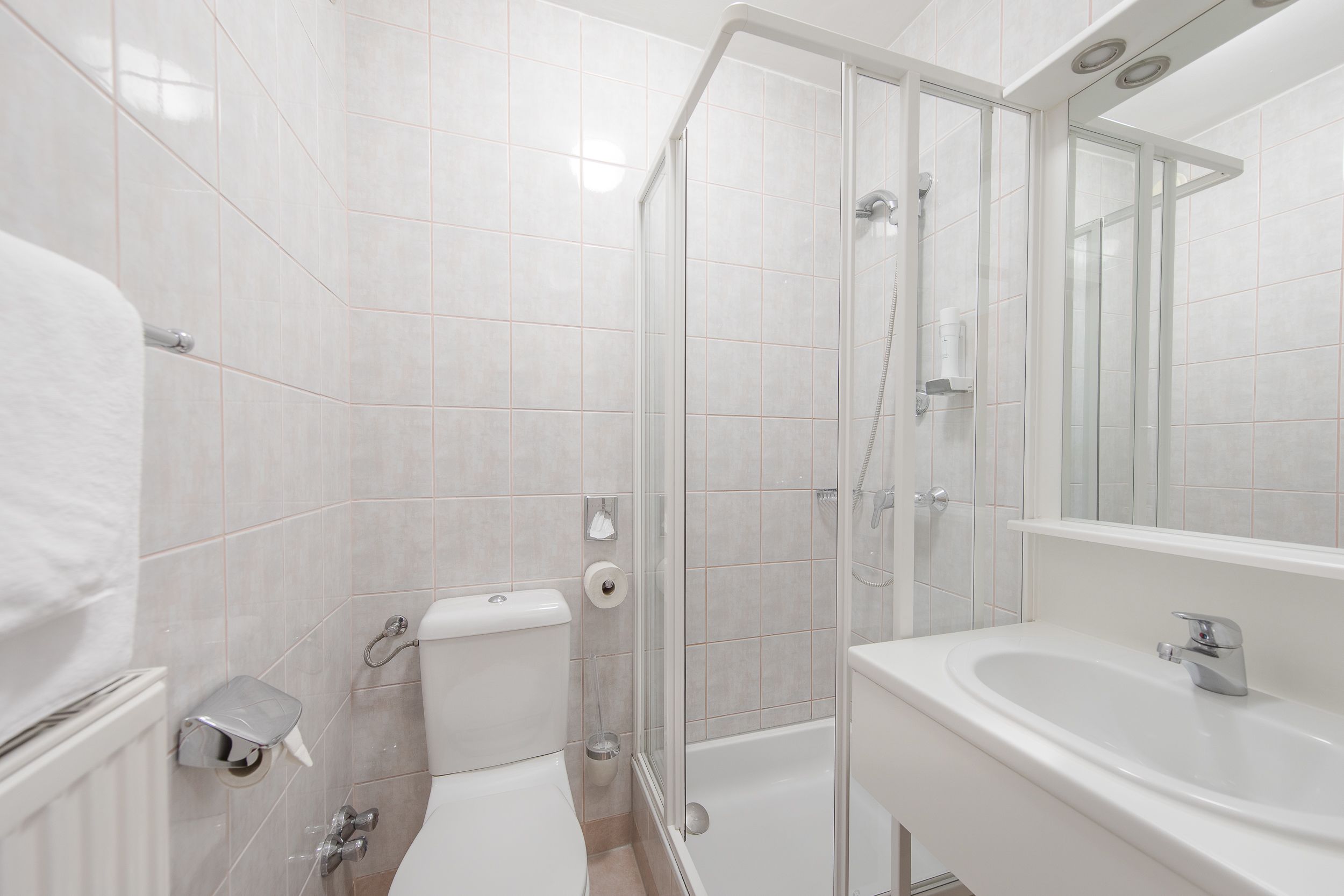 shower, free toiletries, hair dryer, towels