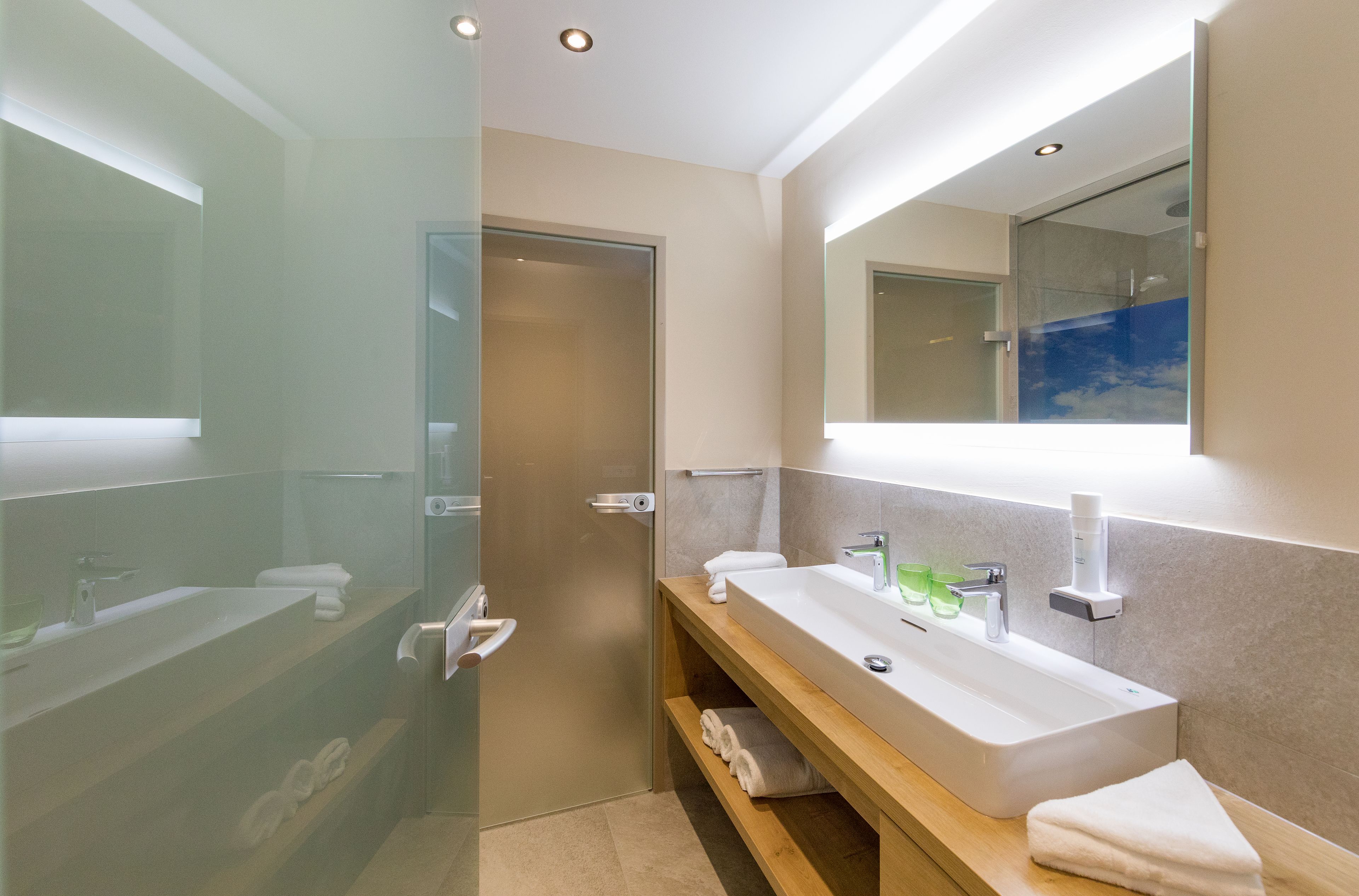 hair dryer, towels, soap, shampoo