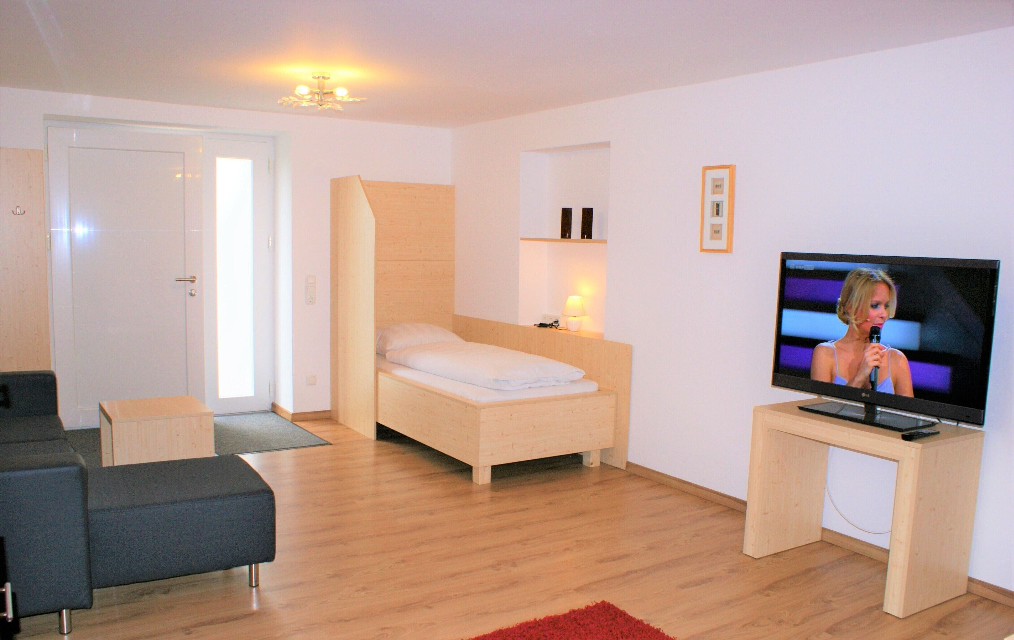 Une chambre d’hôtel moderne avec un lit en bois, un téléviseur posé sur un meuble en bois, un canapé et une porte.