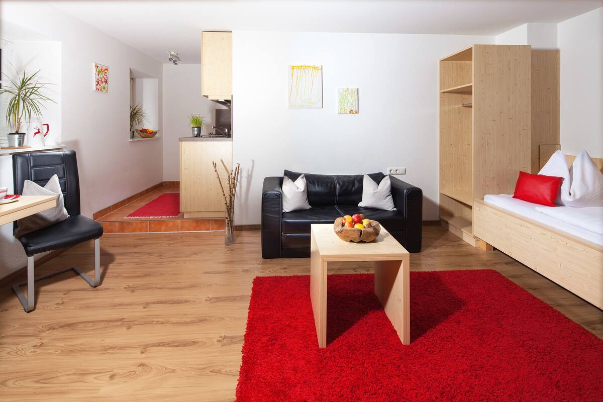 Una sala de estar moderna con un sofá de cuero negro, una mesa de centro de madera y una alfombra roja.