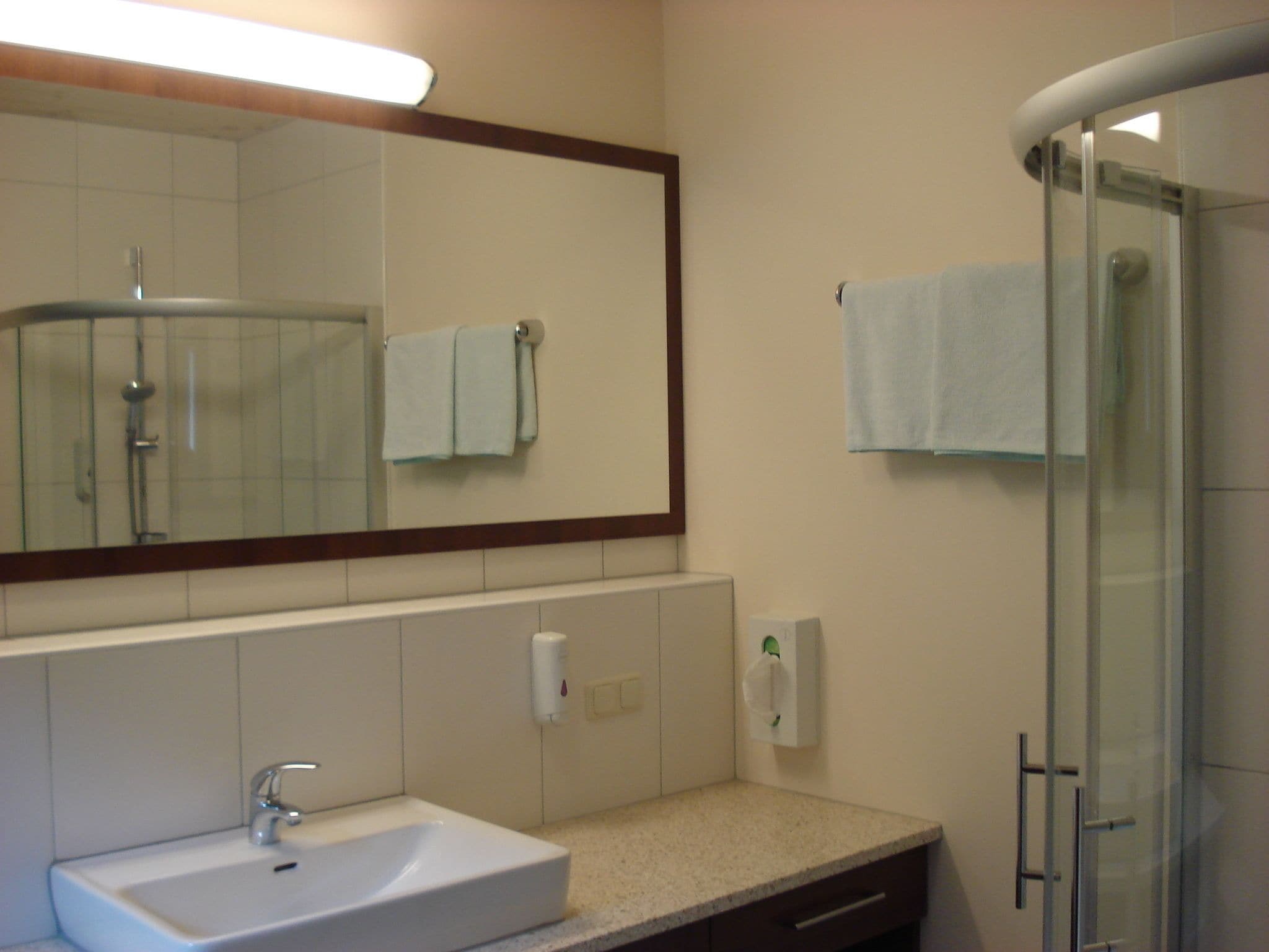 Un baño con lavamanos, espejo, toallero y cabina de ducha de vidrio.