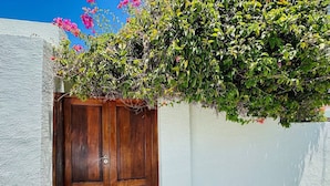 A wooden door with a keyhole, set in a white wall with a green bush overhanging above it. - Loloho Lodge (Cape Town)