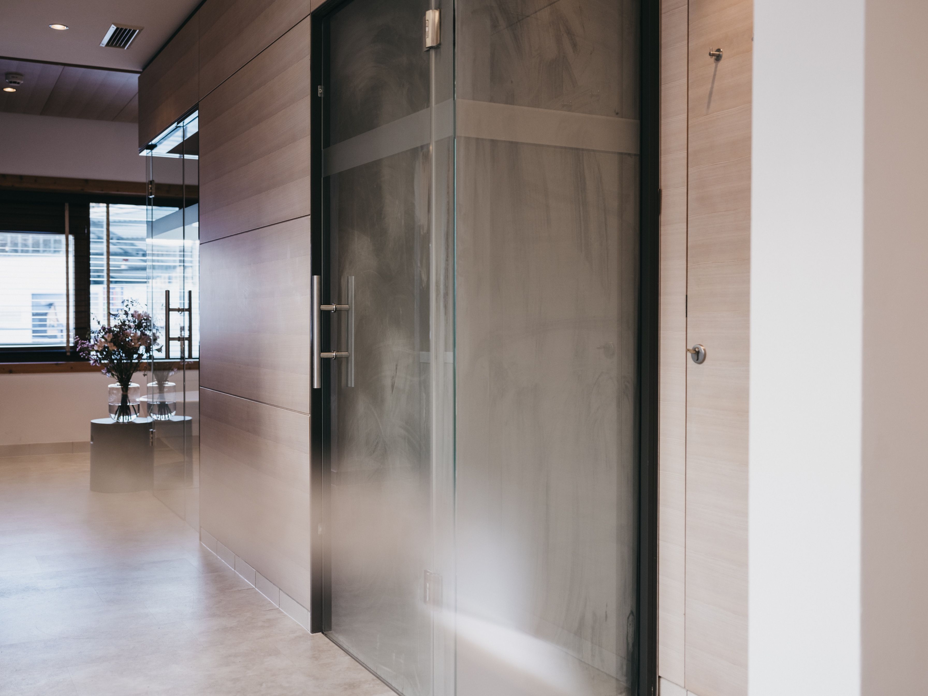 A modern interior with a glass door, a potted plant, and a view through the window.