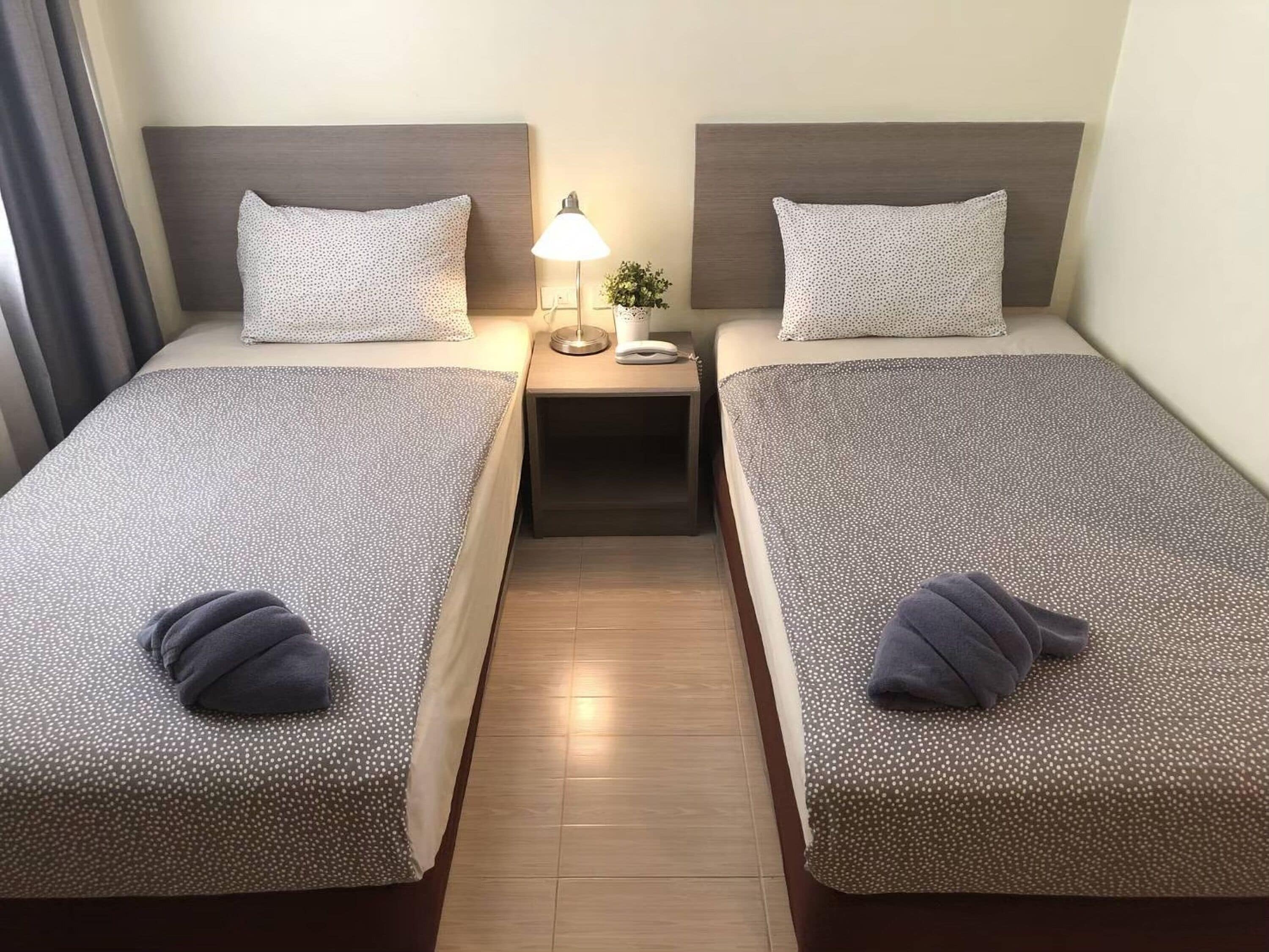 Una habitación de hotel con dos camas individuales, una mesita de noche con lámpara y una pequeña planta en maceta.