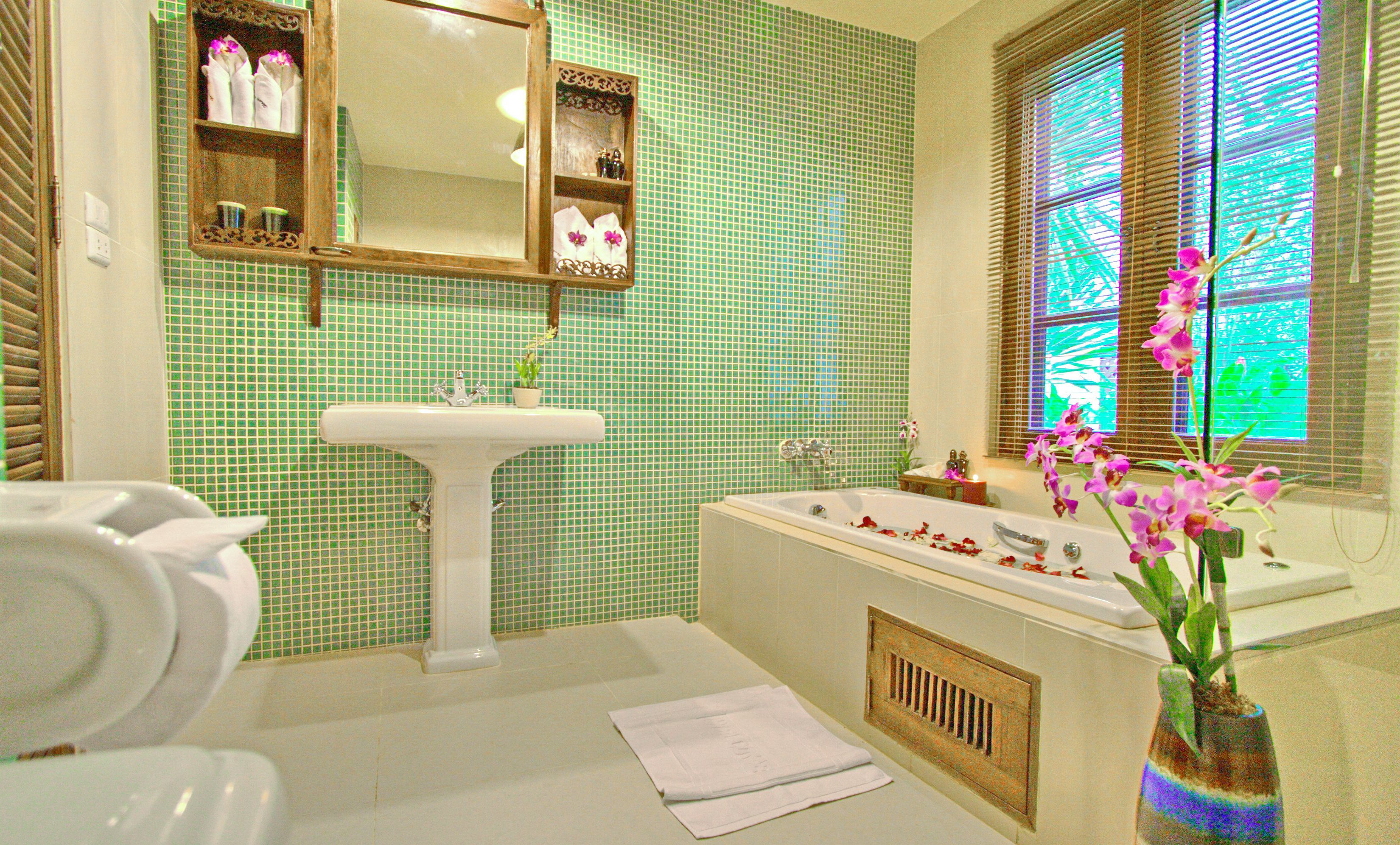 separate bathtub and shower, free toiletries, hair dryer, bathrobes