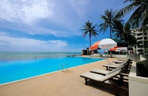 Outdoor pool, open 8:00 AM to 8:00 PM, pool umbrellas, sun loungers
