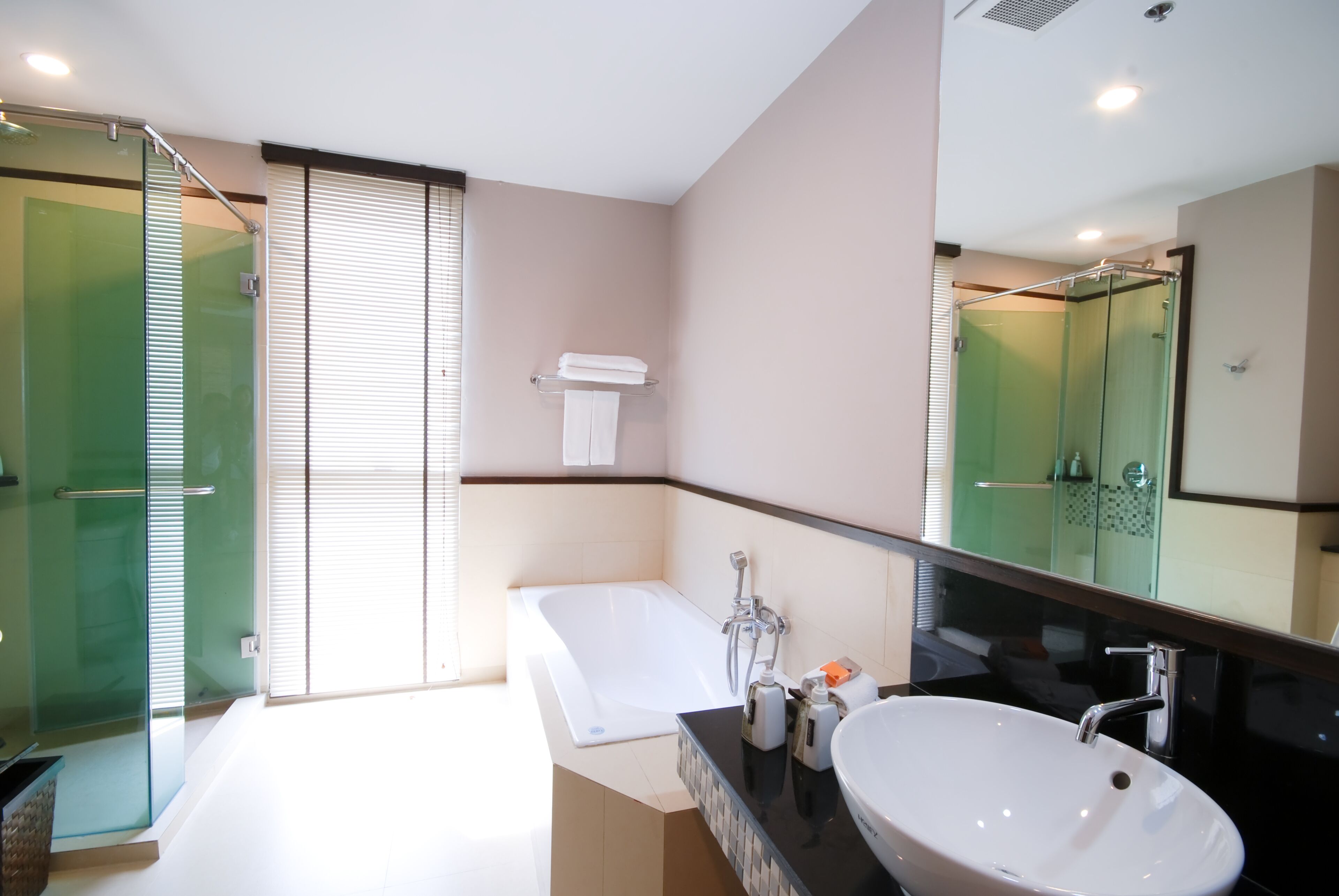 separate bathtub and shower, rainfall showerhead, free toiletries