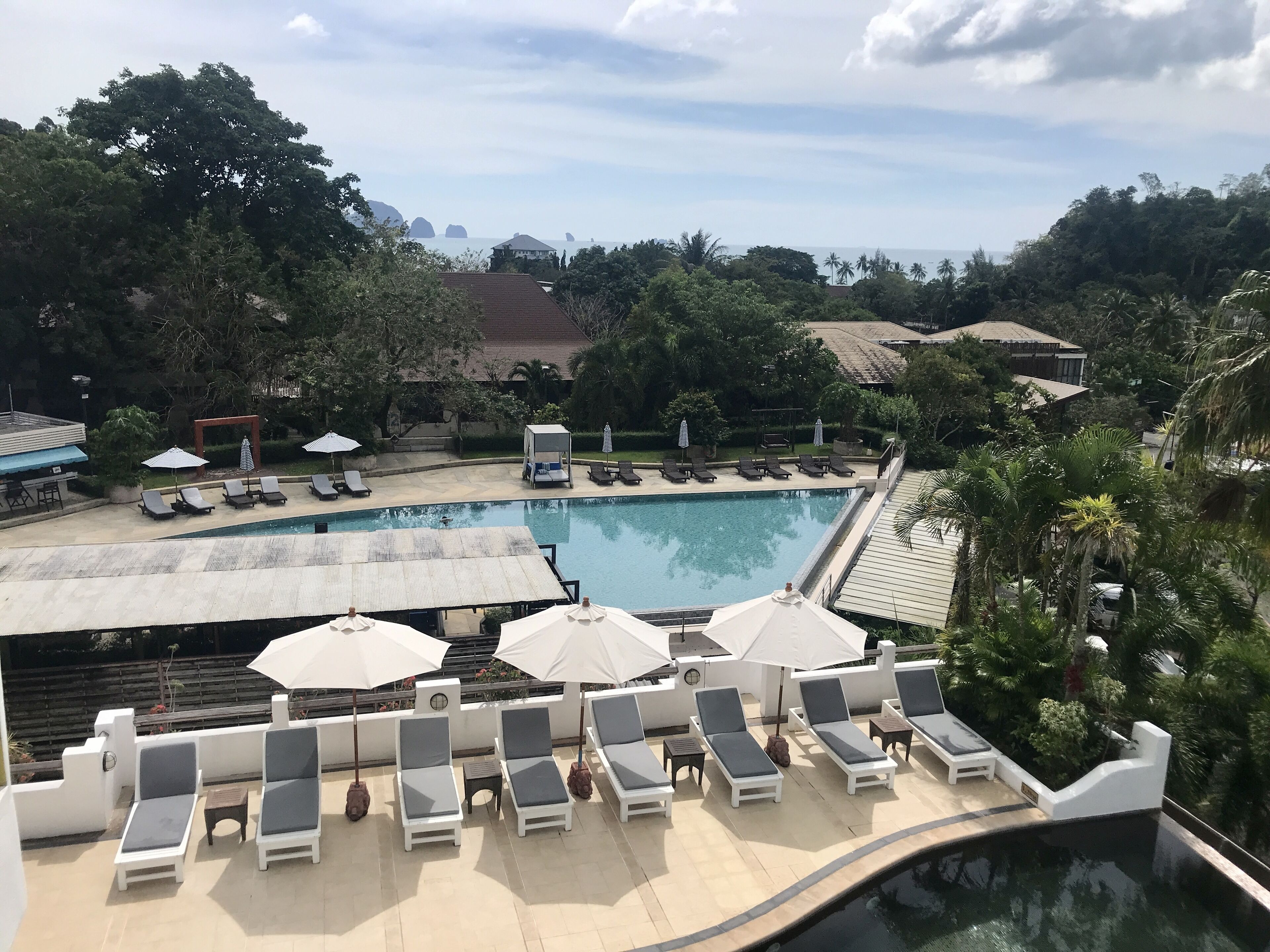 Outdoor pool, pool umbrellas, pool loungers