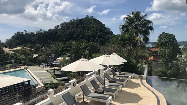 Un espace aménagé au bord de la piscine, avec des chaises longues et des parasols, entouré d’une végétation luxuriante et offrant une vue sur une colline boisée.