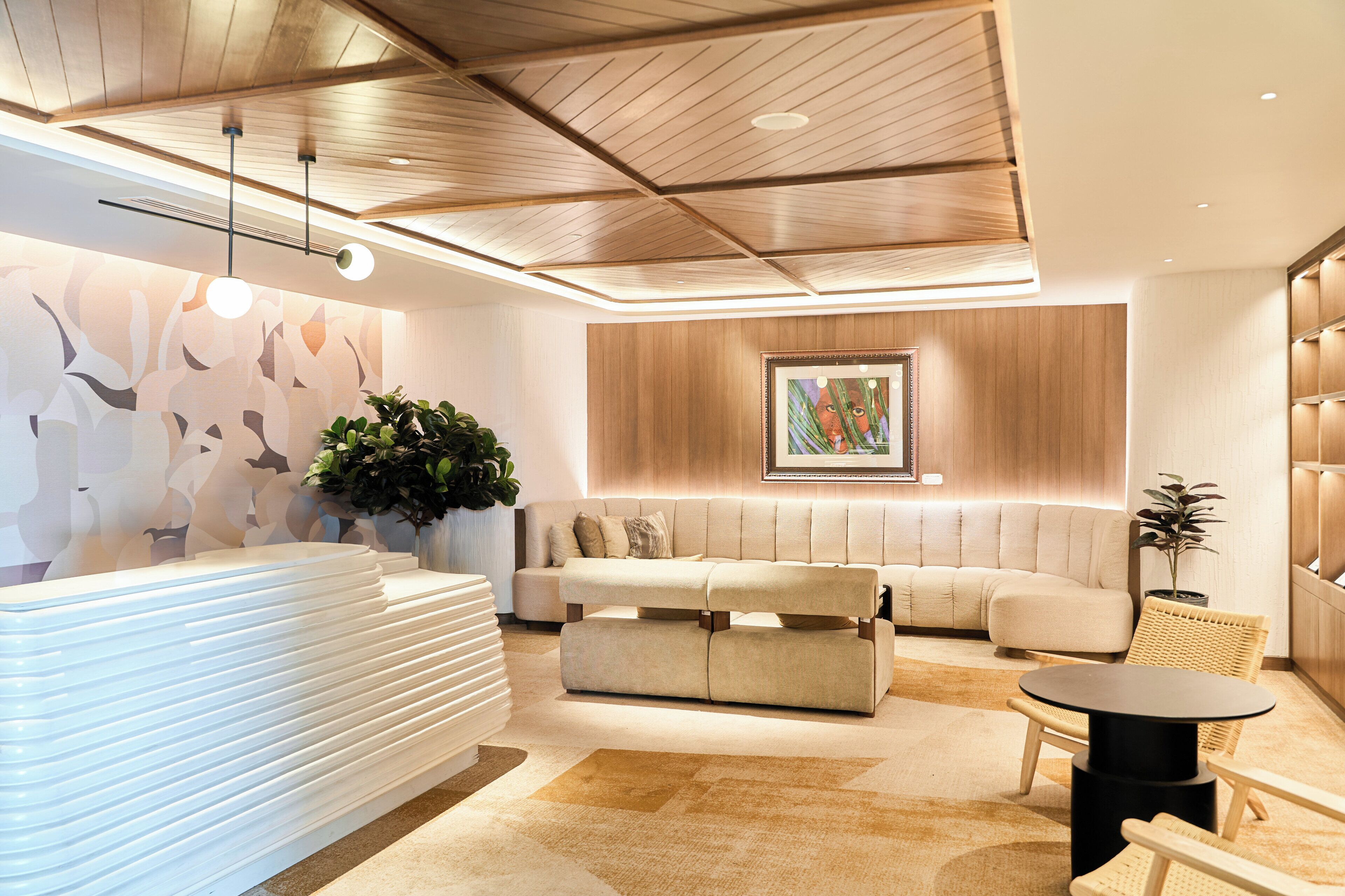 A modern living room with a sofa, a coffee table, and a bookshelf.