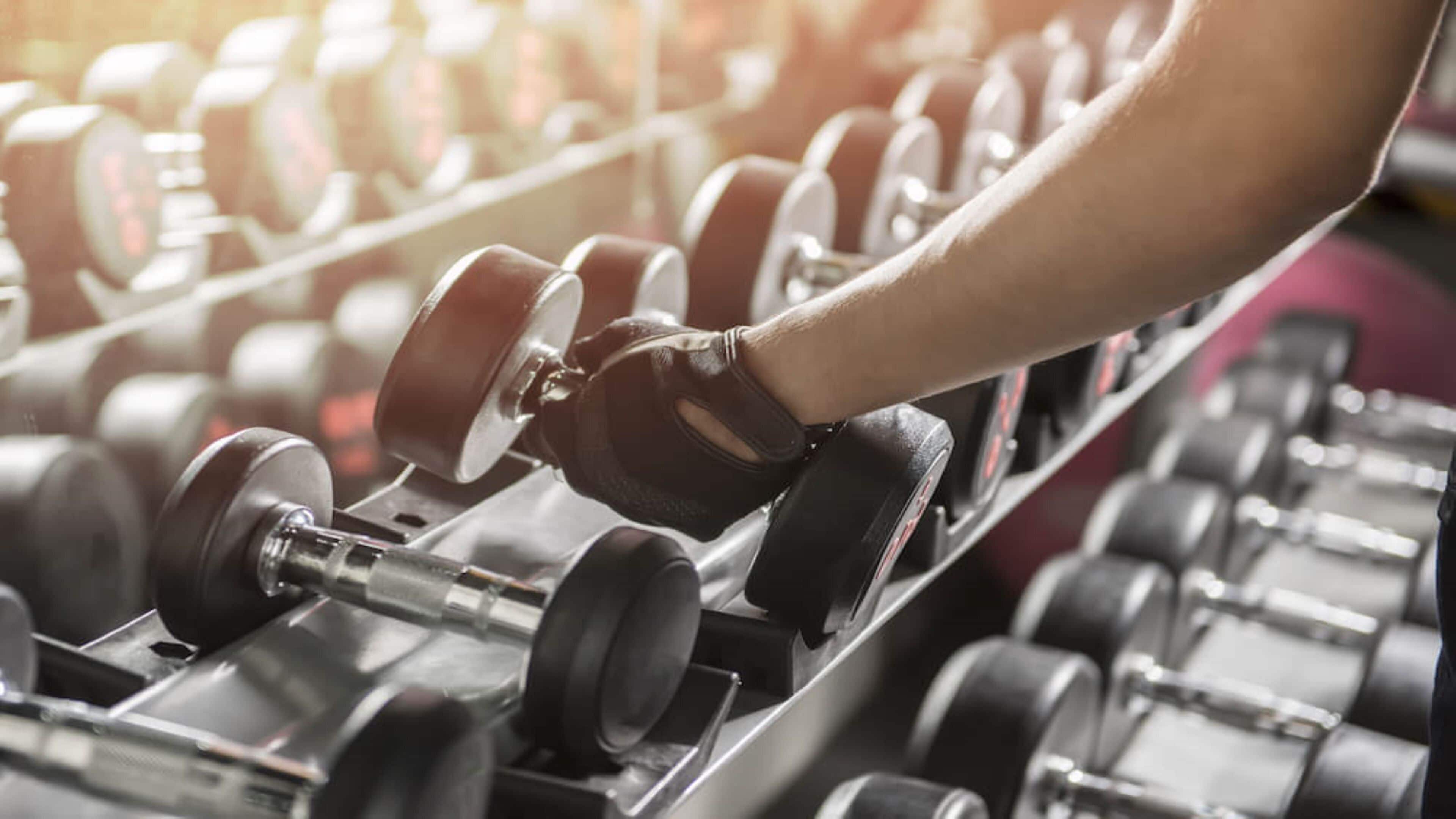 A person lifting a dumbbell in a gym with rows of dumbbells.