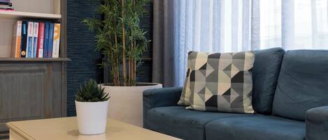 Una sala de estar con sofá, una mesita de centro, una estantería y una planta en maceta.