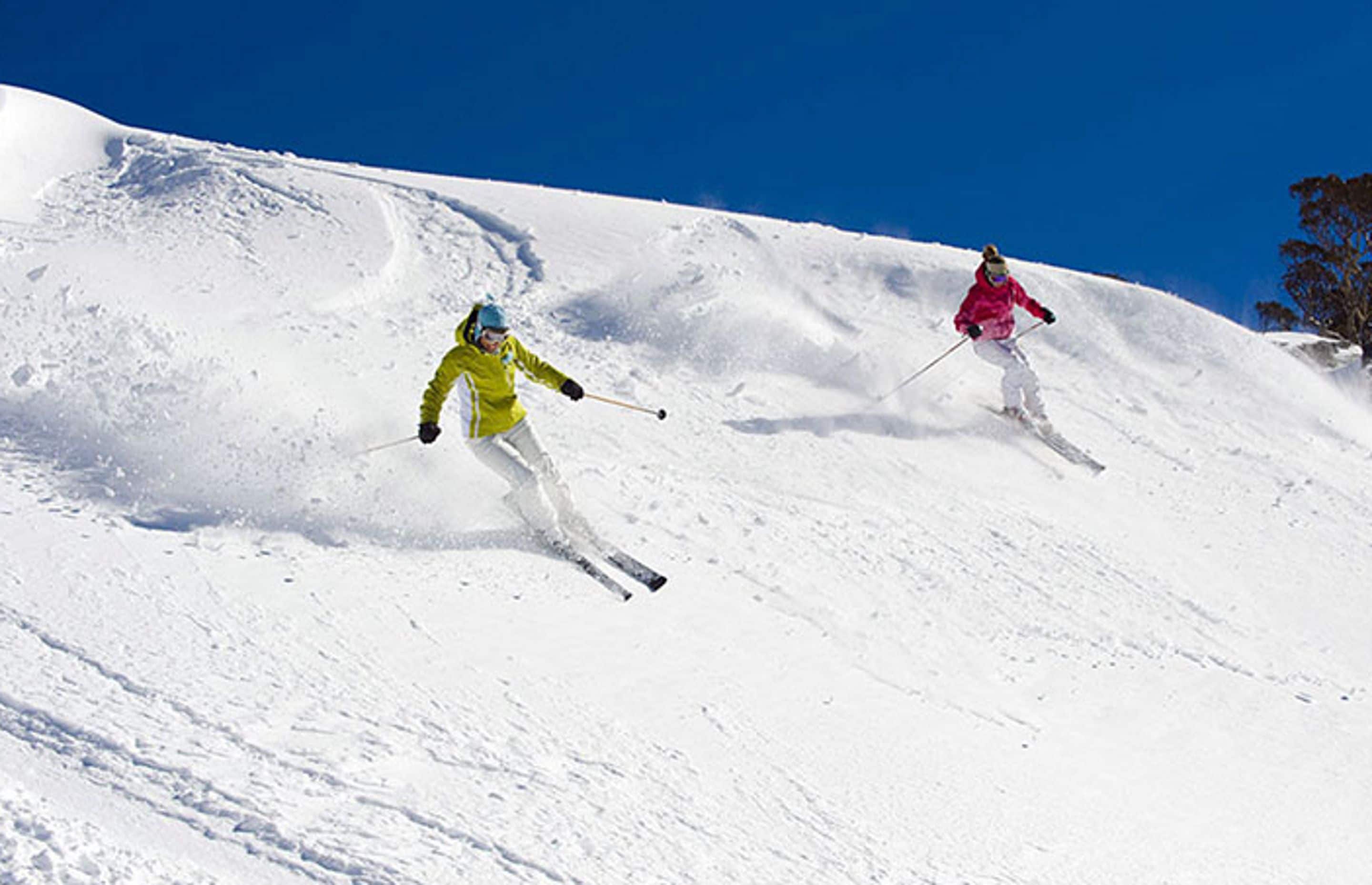 Two skiers descending a snow-covered slope.