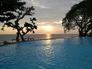 Una piscina al aire libre, sombrillas, sillones reclinables de piscina