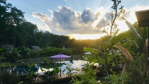 A serene outdoor pool area with a wooden deck, surrounded by lush greenery and a clear sky. - Fern Resort (Mae Hong Son)