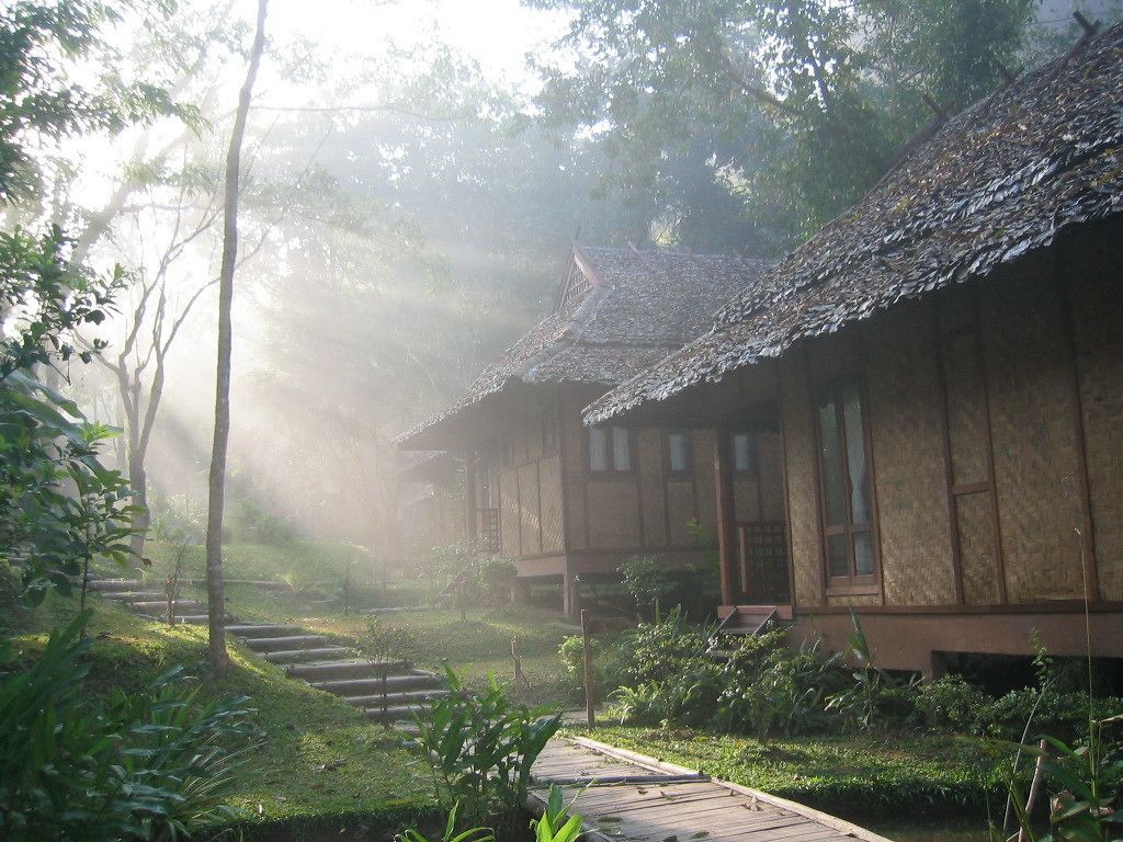 Un bâtiment traditionnel en bois, doté d’un toit de chaume, entouré d’une végétation luxuriante et accessible par un sentier en bois menant à l’entrée.