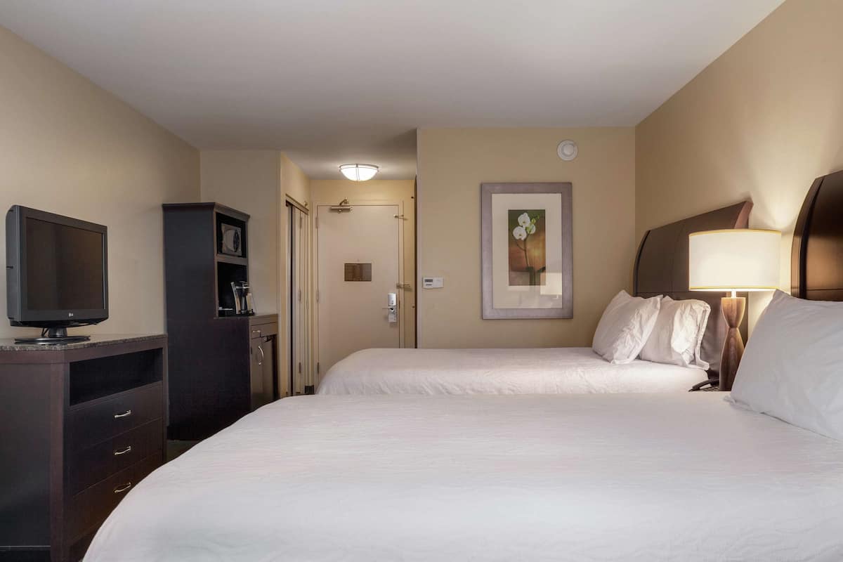 A hotel room with two beds, a TV, a desk, a lamp, and a framed picture on the wall.