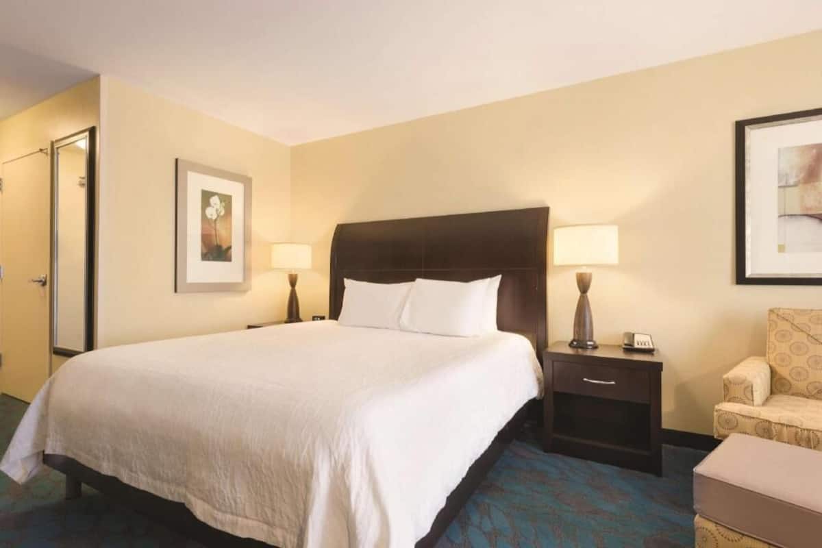 A hotel room with a large bed, a nightstand with a lamp, a chair, and a framed picture on the wall.