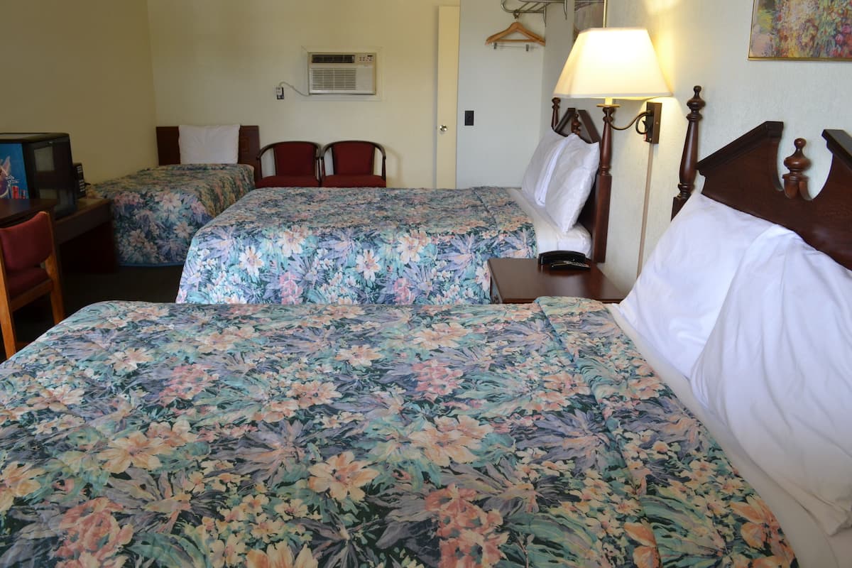 A hotel room with two beds, a desk with a television, a chair, and a lamp.