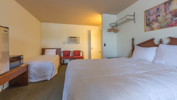 A hotel room with two beds, a desk, a chair, a coat rack, and a painting on the wall. - Budget Inn (Christiansburg)