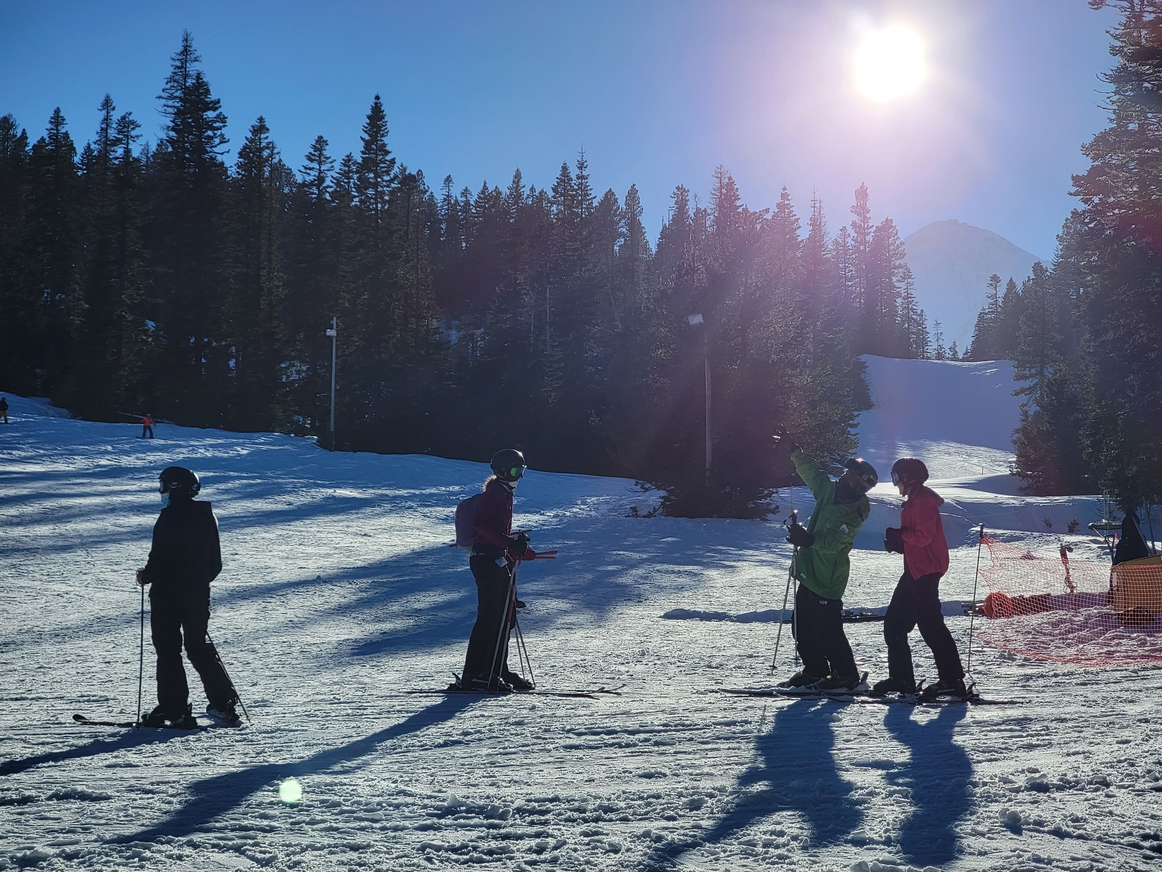 A ski slope with skiers, trees, and a clear sky.
