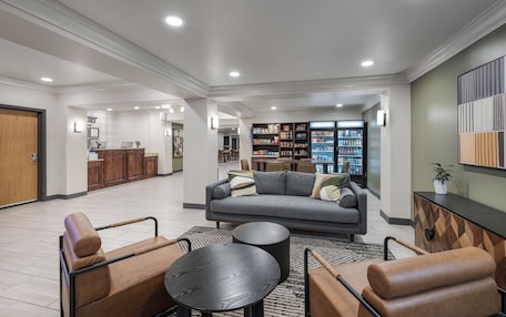 A spacious living area with a sofa, armchairs, a coffee table, and a bookshelf filled with books and decorative items.