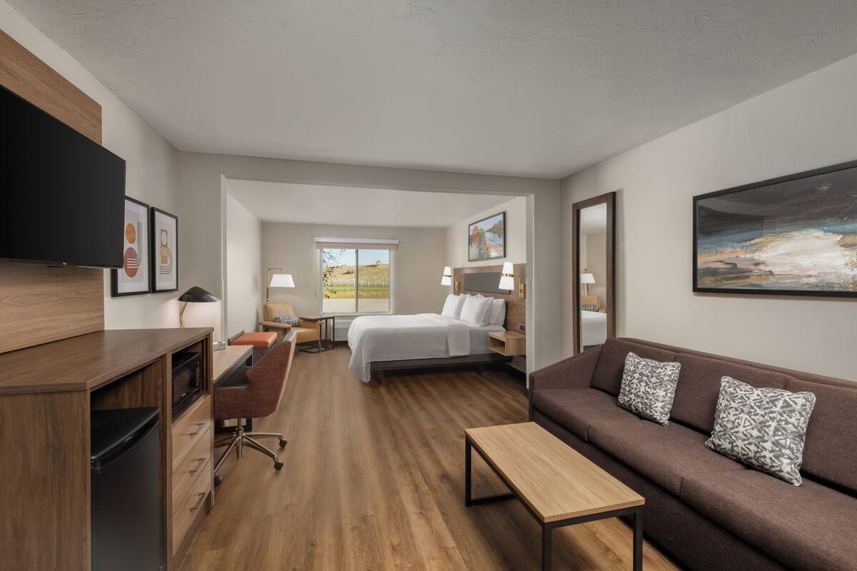 Ein modernes Hotelzimmer mit Holzboden, einem Bett, einer Couch, einem Schreibtisch und einem Fernseher.