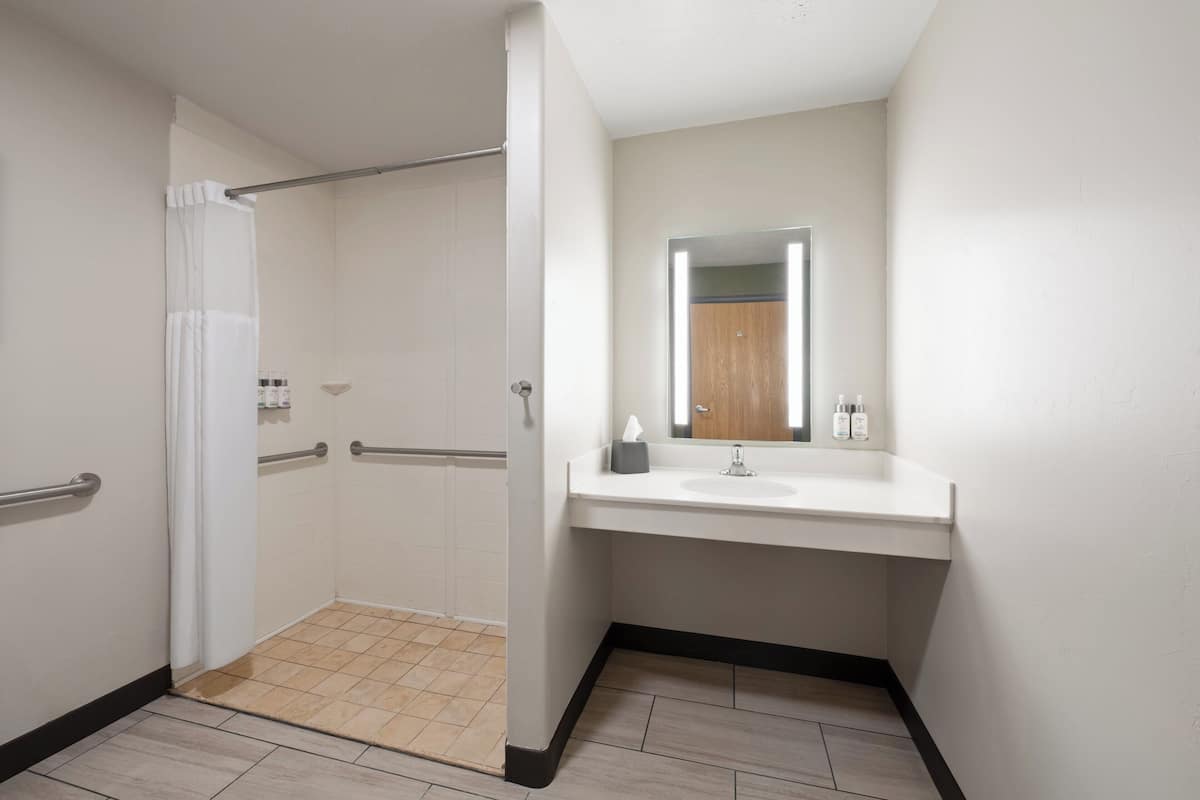 A bathroom with a shower, a sink, and a mirror.