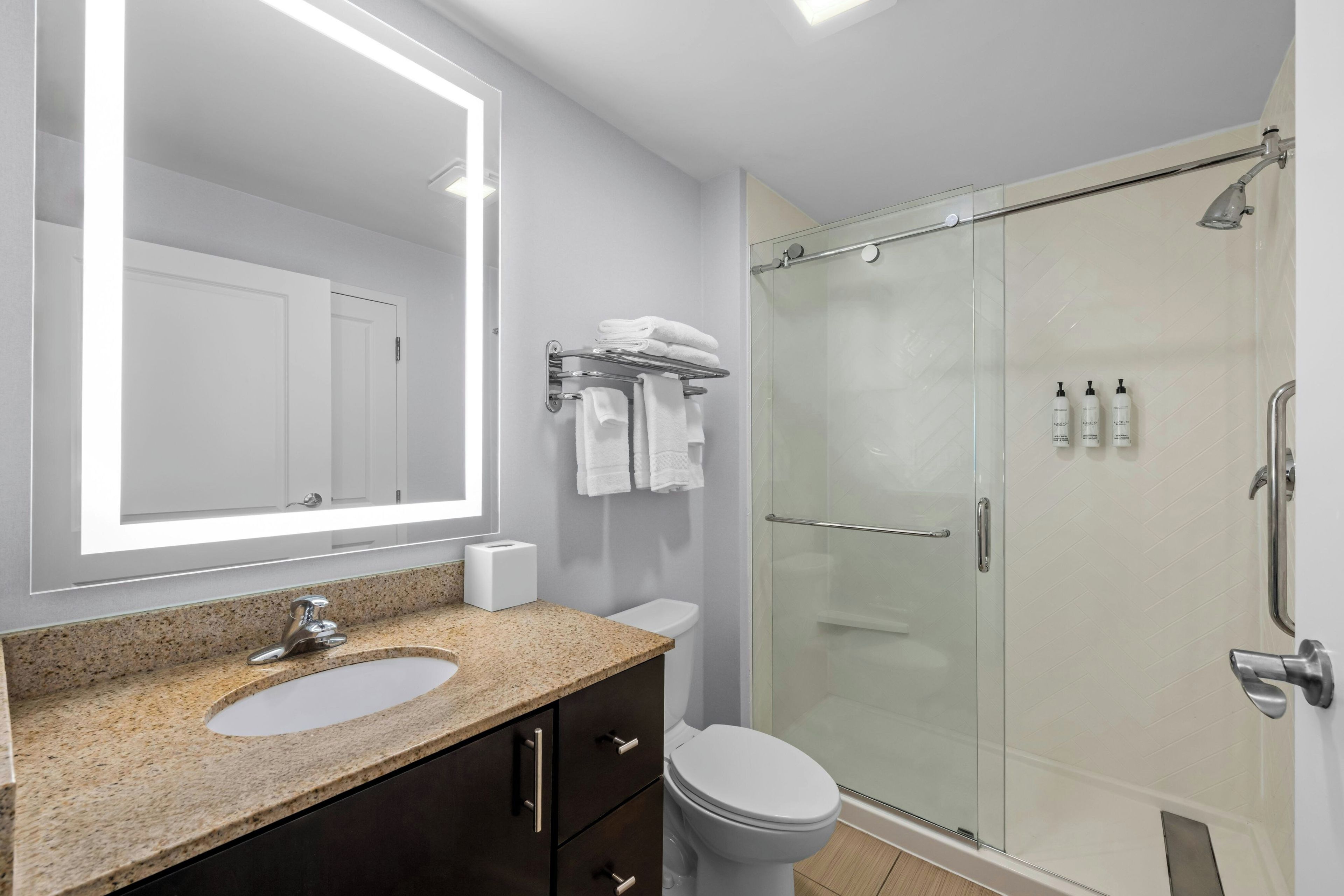 A modern bathroom with a granite countertop, a white sink, a mirror, a glass shower enclosure, and a toilet.
