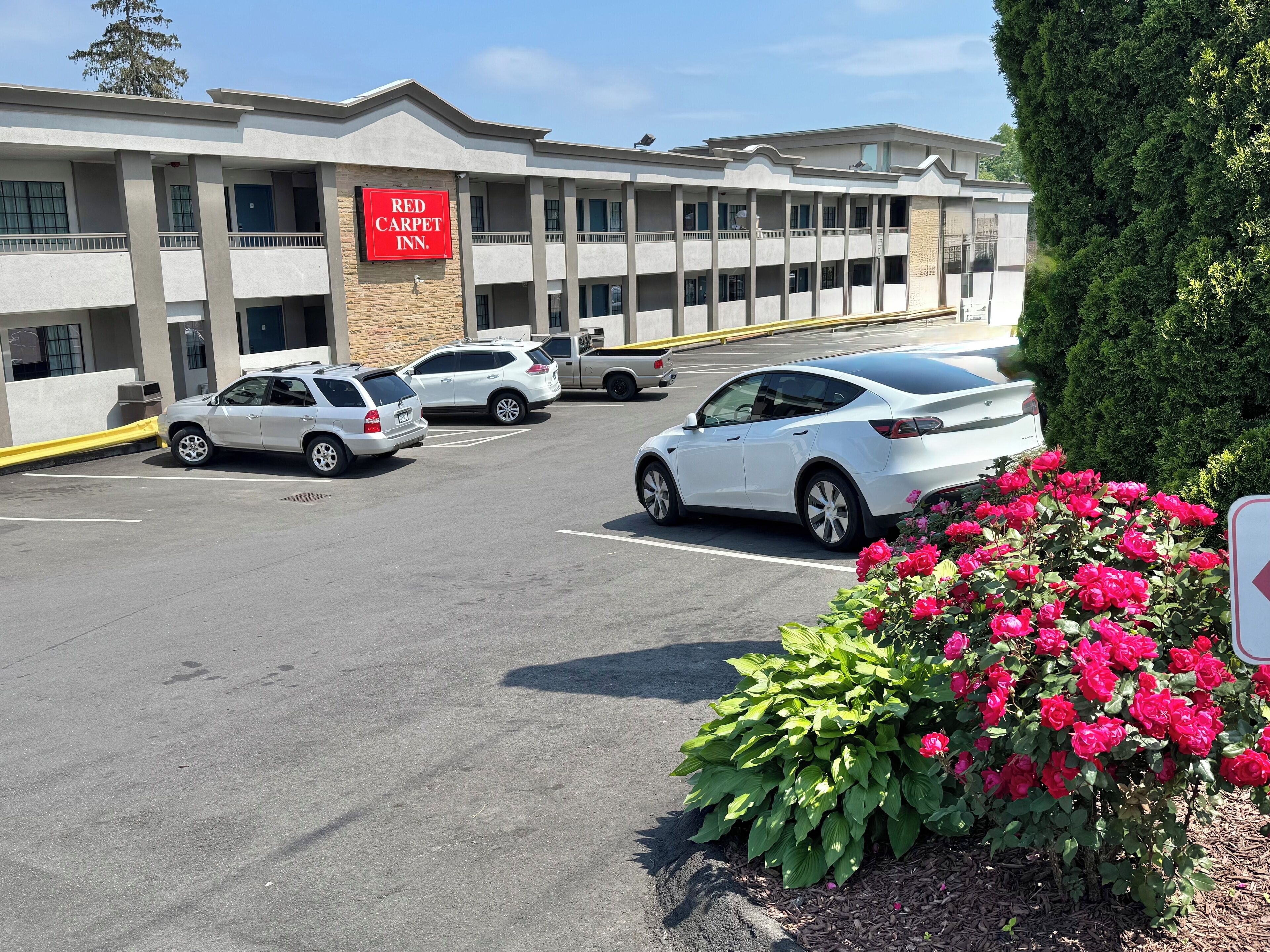 Ein Red Carpet Inn mit Parkplatz, mehreren Autos und einer Reihe Balkone.