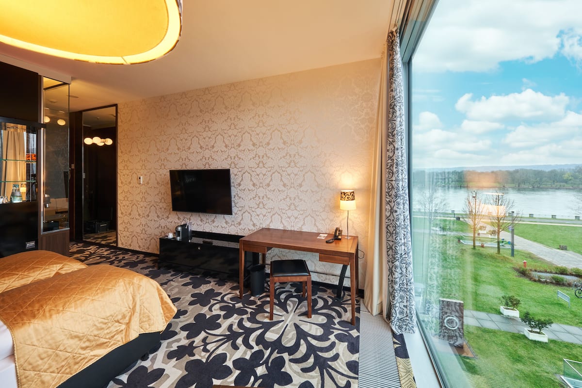 A hotel room with a bed, a desk, a chair, a TV, and a large window with a view of a park and water.