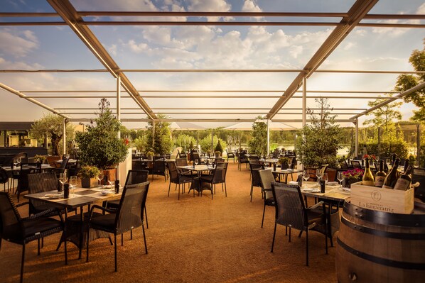 An outdoor dining area with tables and chairs, surrounded by potted plants and a large barrel.