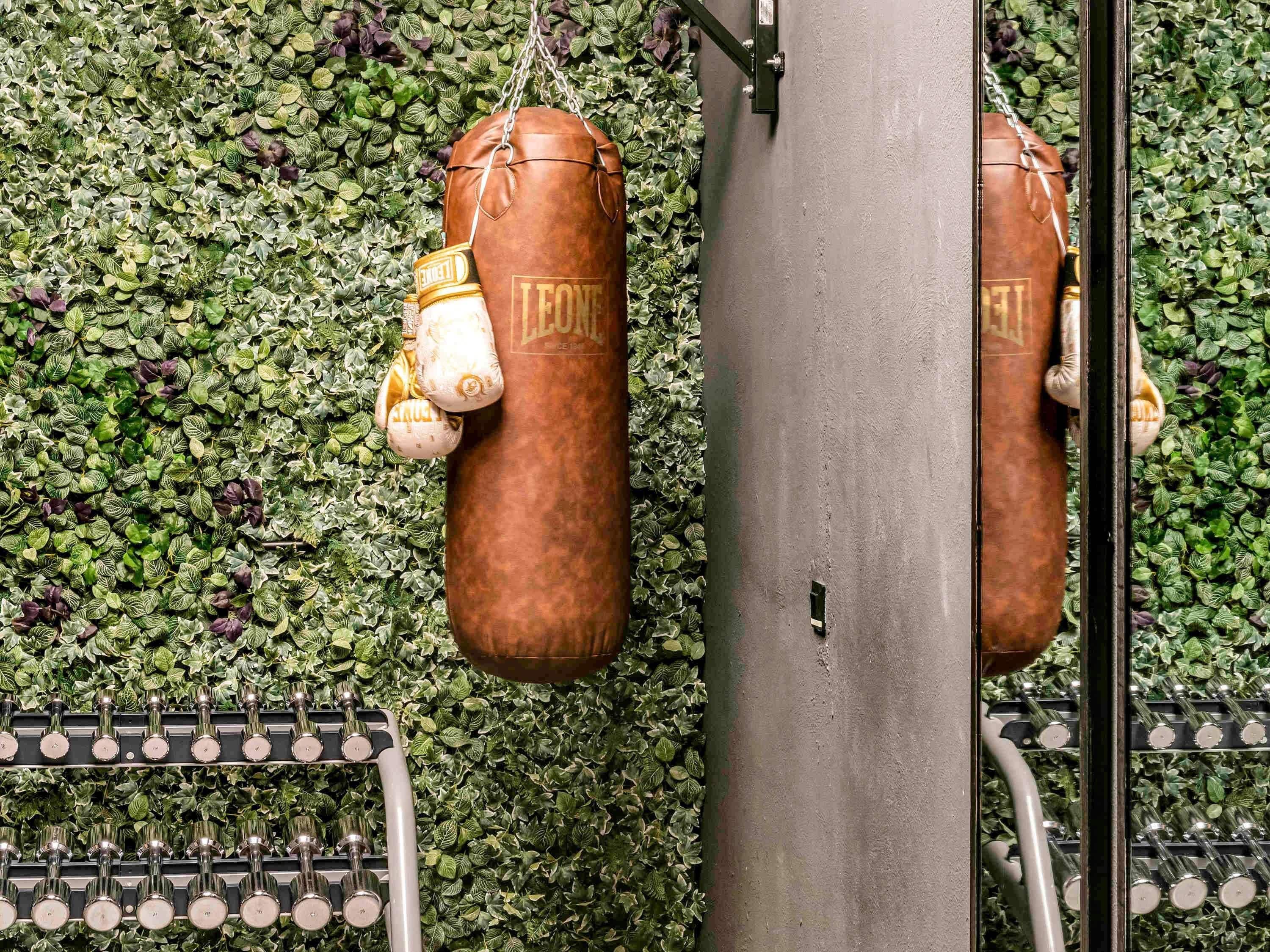 Twee bruine bokszakken hangen aan een metalen frame voor een muur begroeid met groen blad.