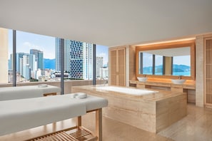 Sauna, hot tub, body treatments, aromatherapy, body wraps, body scrubs