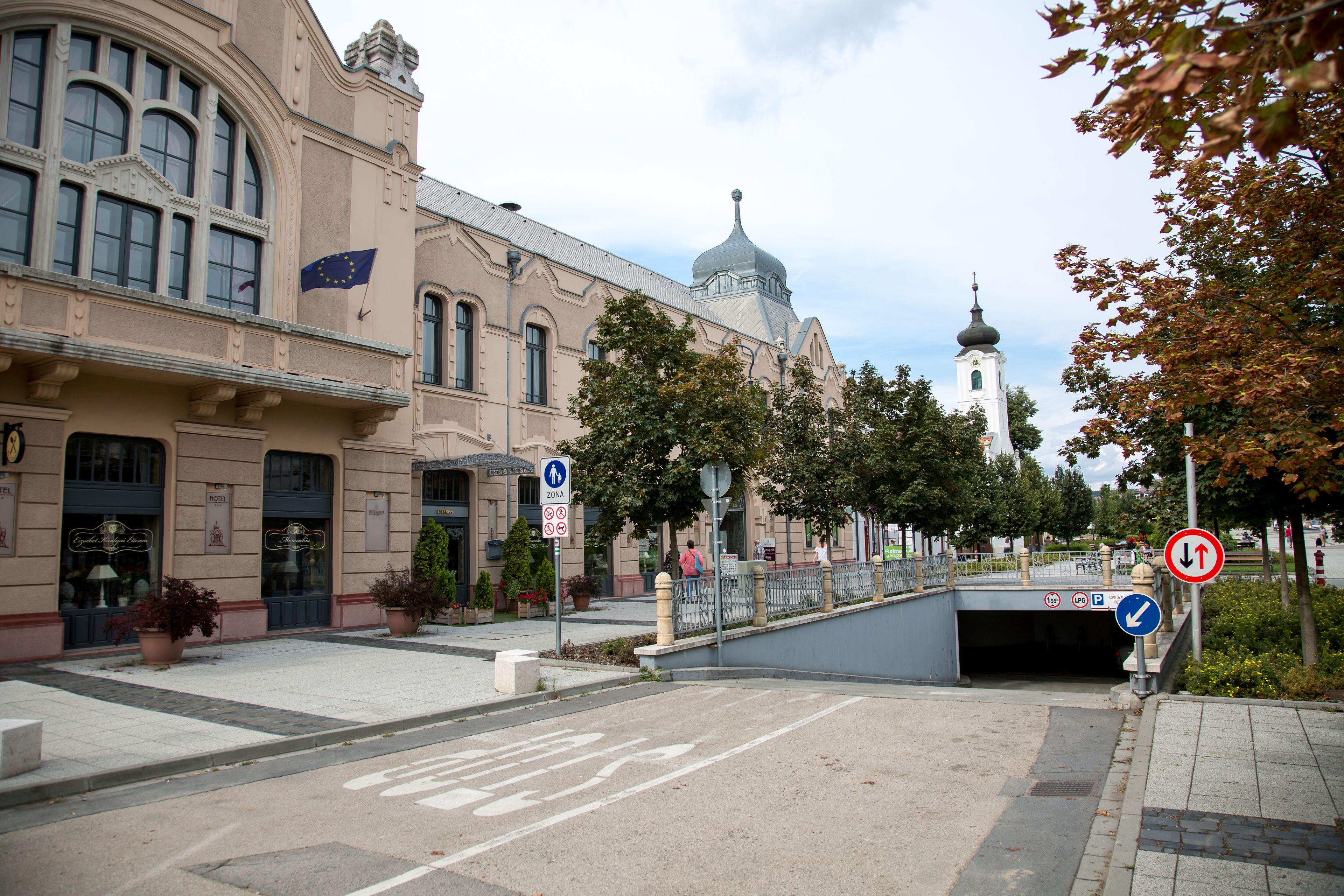A street with buildings, a pedestrian crossing, and a tunnel entrance.