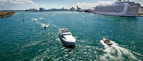 Un crucero amarrado en un puerto con varias embarcaciones más pequeñas en el agua.