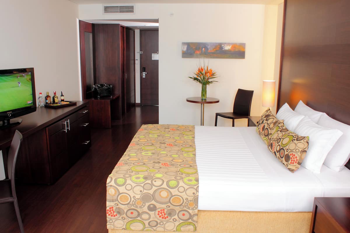 Habitación de hotel con una cama, un escritorio con televisor, una silla, una mesita con un florero y un cuadro en la pared.