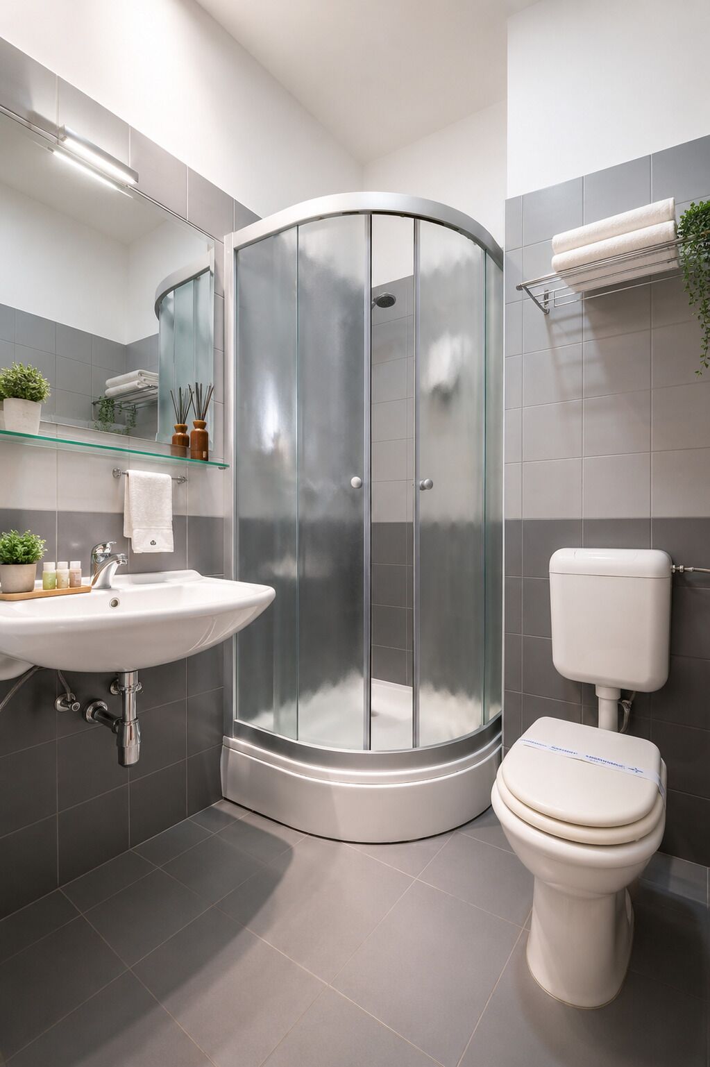 Ein modernes Badezimmer mit Duschkabine aus Glas, einem weißen Waschbecken und einer Toilette.